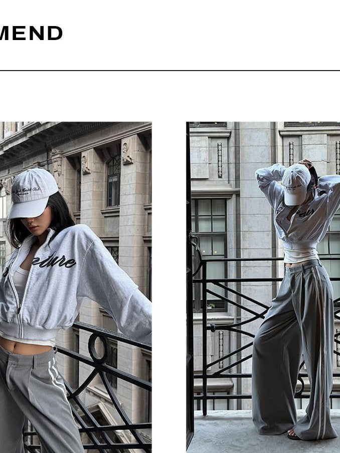 rovente Gray Embroidered Zip Up Cropped Stand Collar Cotton Women's Sport Top & Shorts Sets