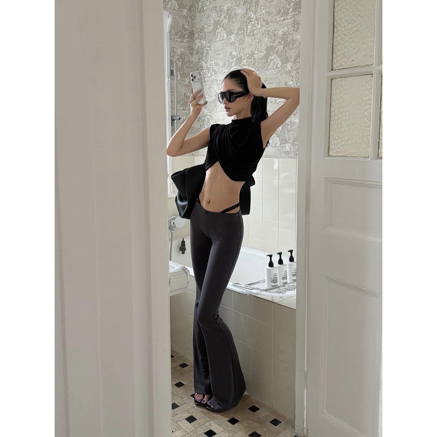 rovente_Gray_Faux_Two_Piece_Micro_Flare_Low_Waist_Leg_Shaping_Women's_Yoga_Pants_1061600804415_MISSTT