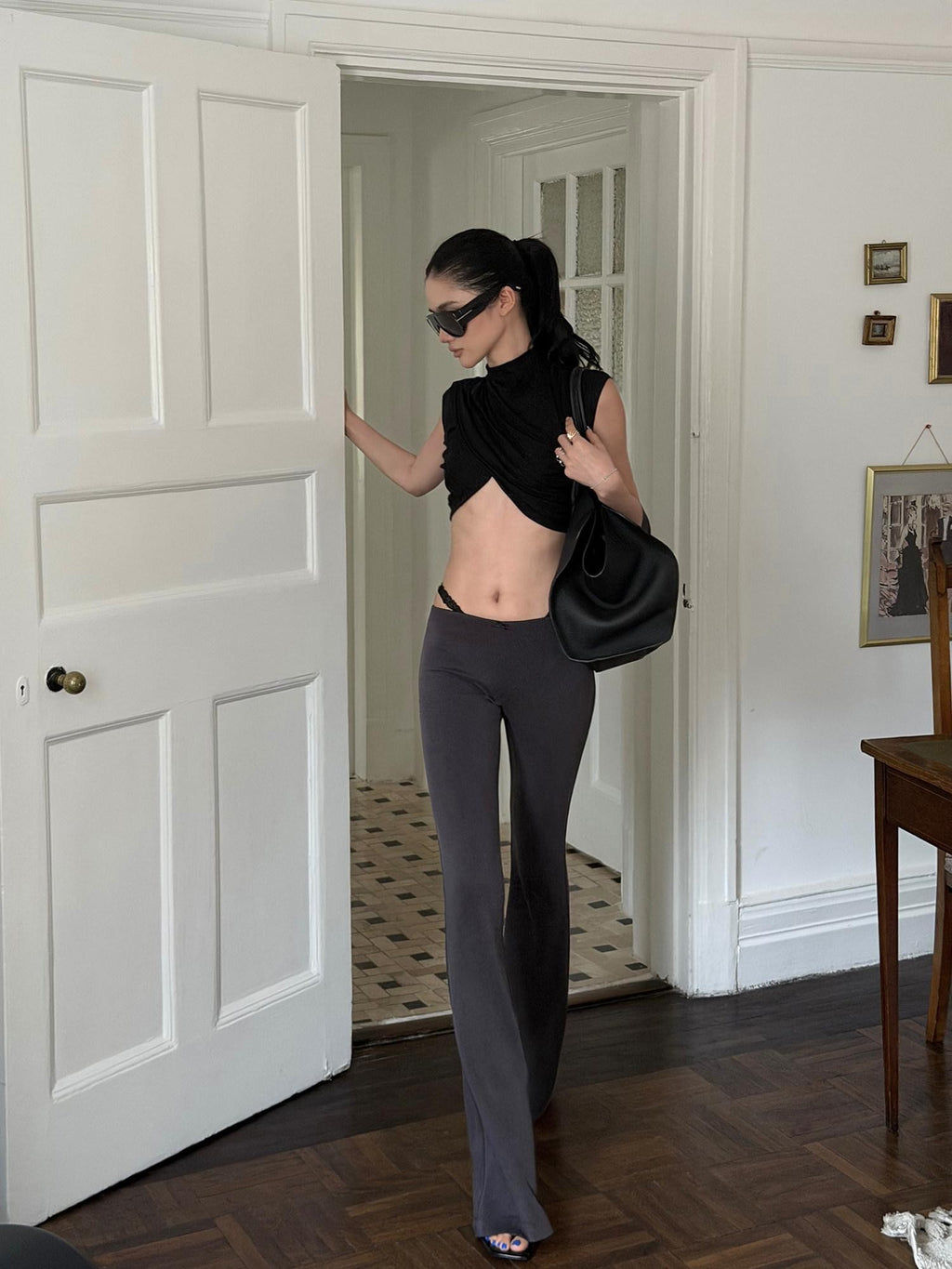 rovente Gray Faux Two Piece Micro Flare Low Waist Leg Shaping Women's Yoga Pants