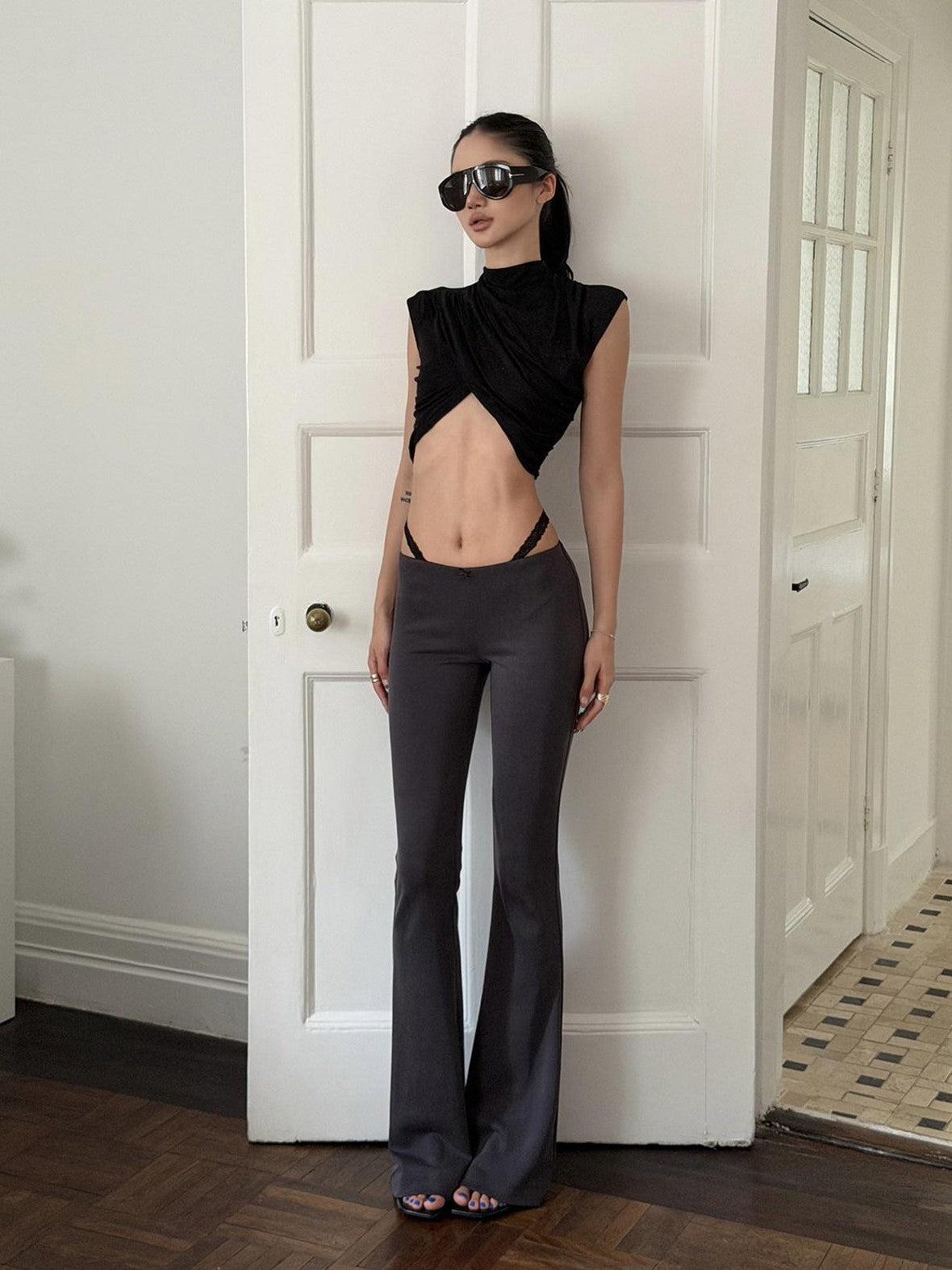 rovente Gray Faux Two Piece Micro Flare Low Waist Leg Shaping Women's Yoga Pants