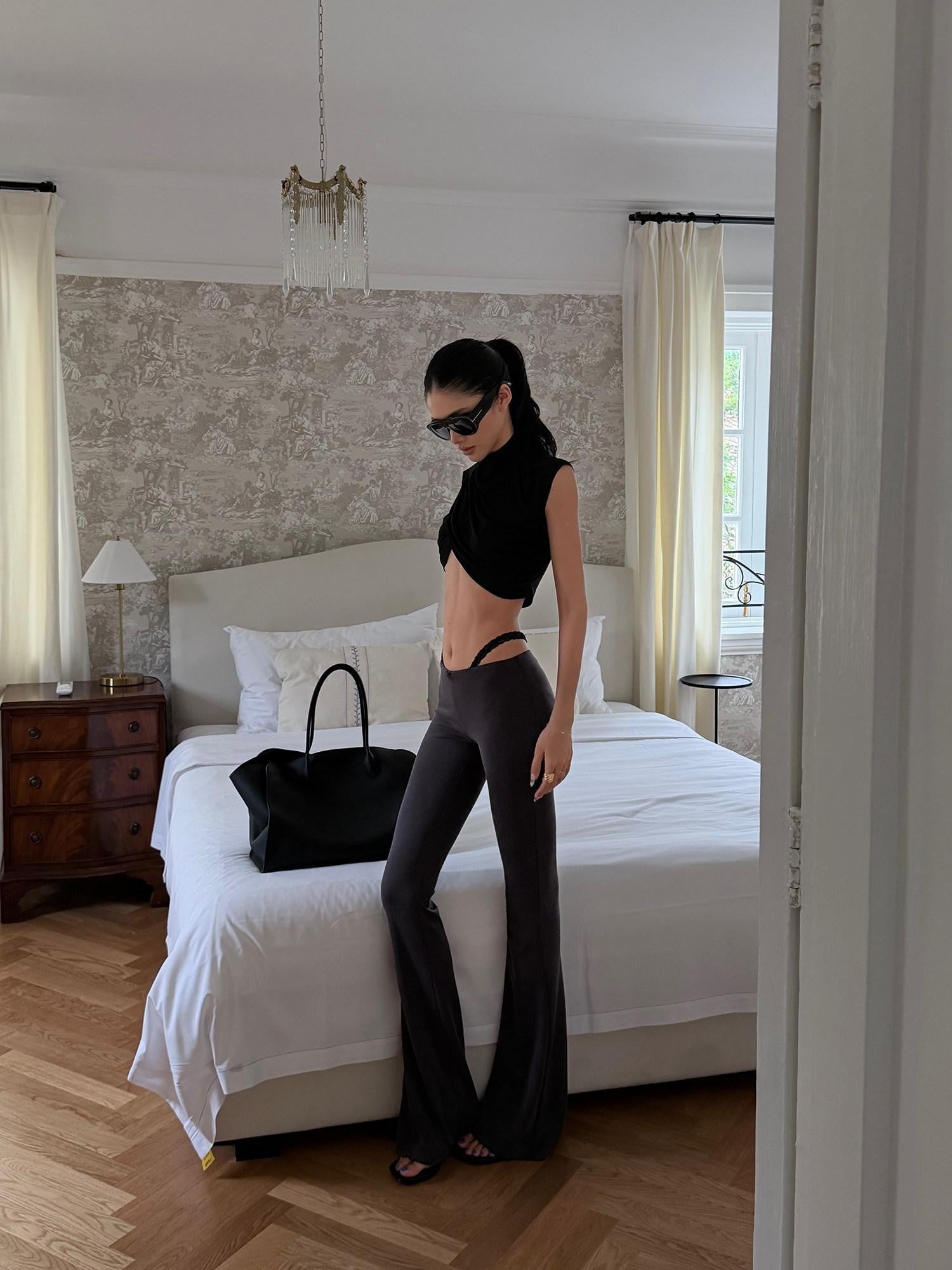 rovente Gray Faux Two Piece Micro Flare Low Waist Leg Shaping Women's Yoga Pants