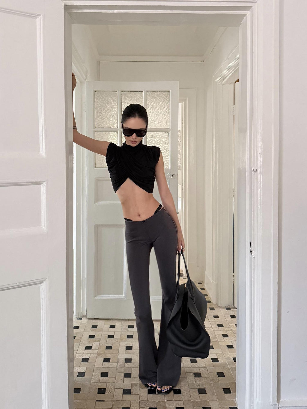 rovente Gray Faux Two Piece Micro Flare Low Waist Leg Shaping Women's Yoga Pants