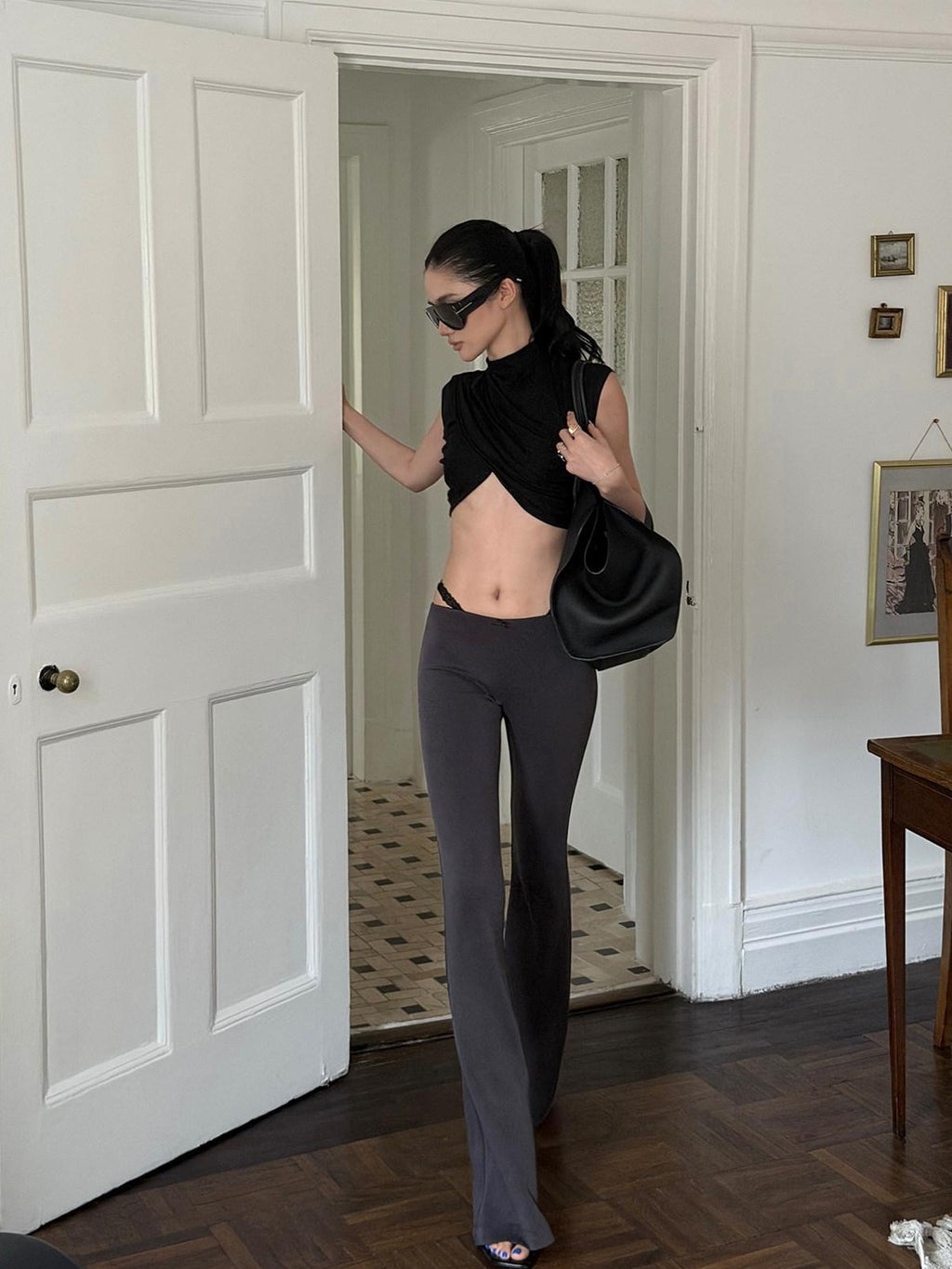 rovente Gray Faux Two Piece Micro Flare Low Waist Leg Shaping Women's Yoga Pants