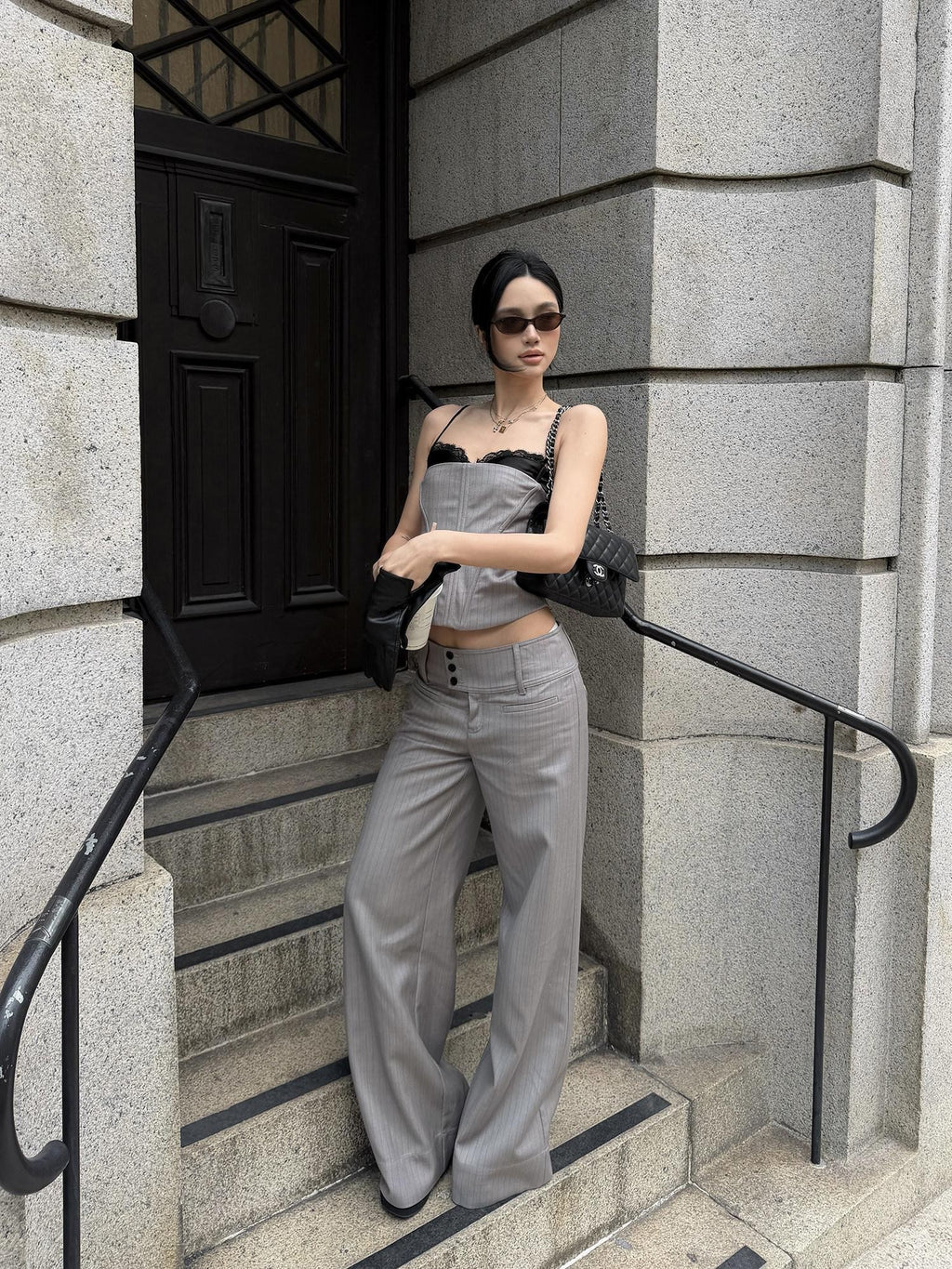 rovente Gray Fine Stripe Herringbone Lace Women's Polyester Blend Lace Camisoles