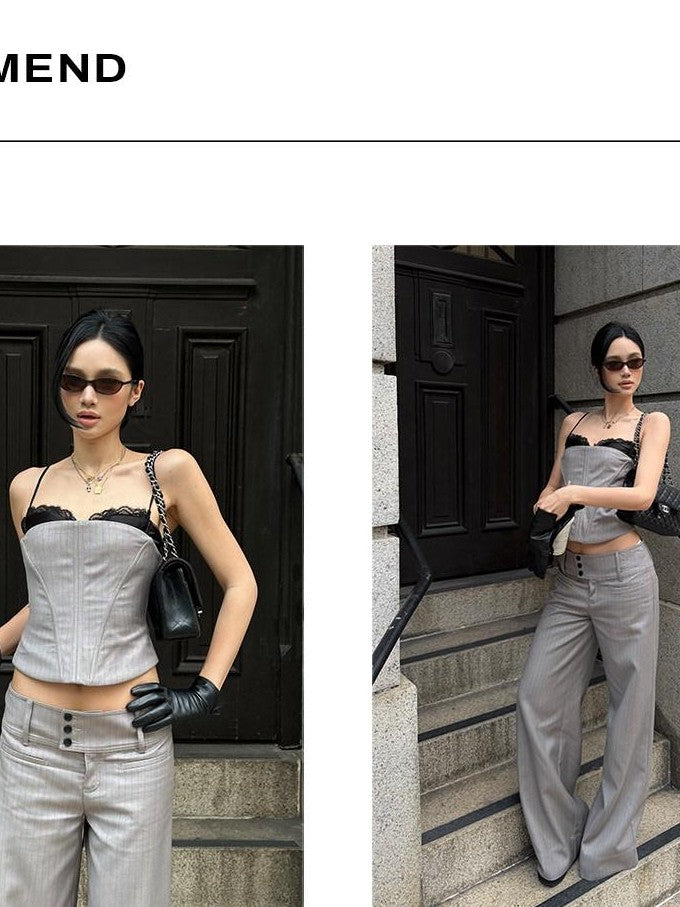 rovente Gray Fine Stripe Herringbone Lace Women's Polyester Blend Lace Camisoles