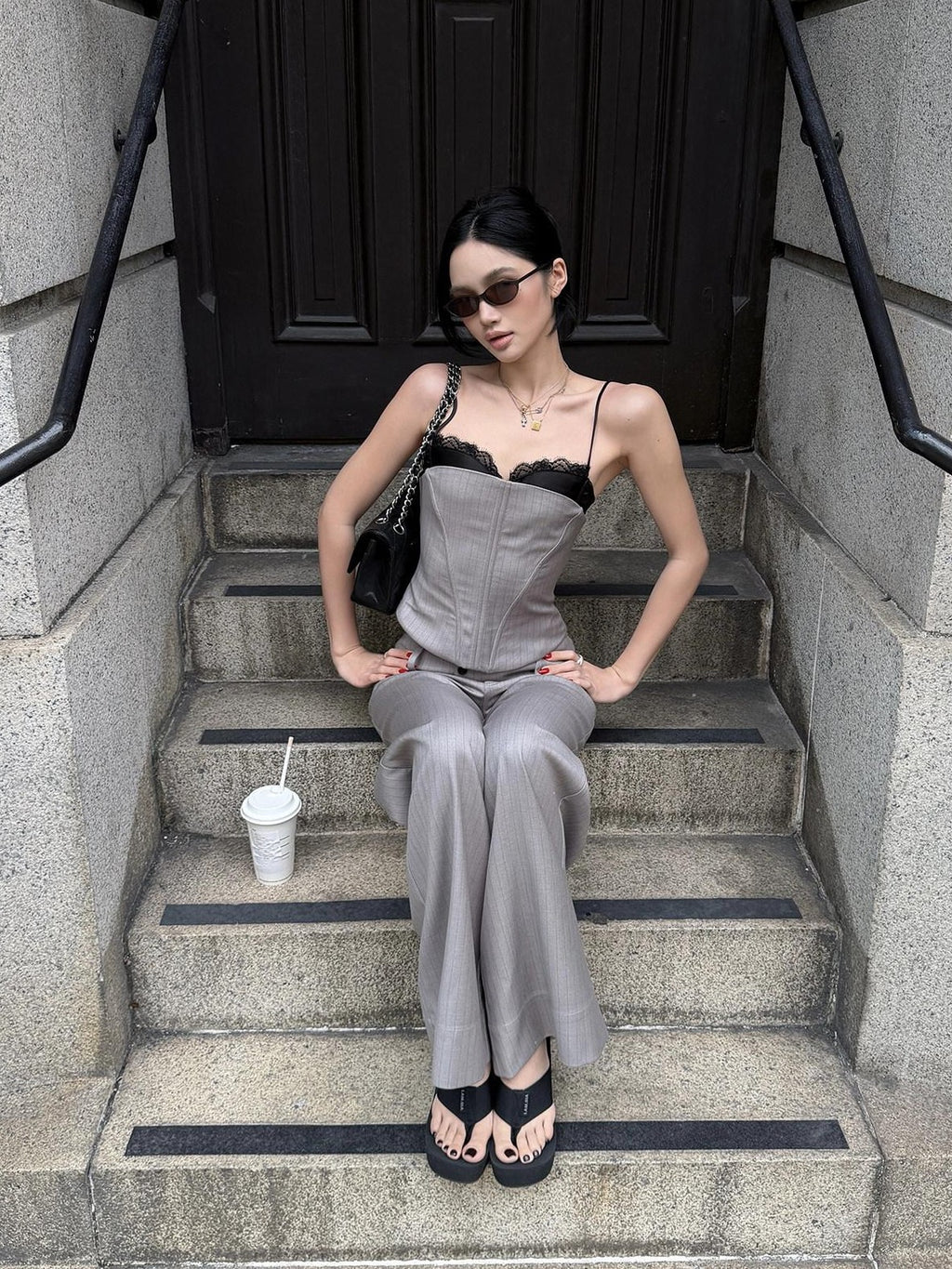rovente Gray Fine Stripe Herringbone Lace Women's Polyester Blend Lace Camisoles