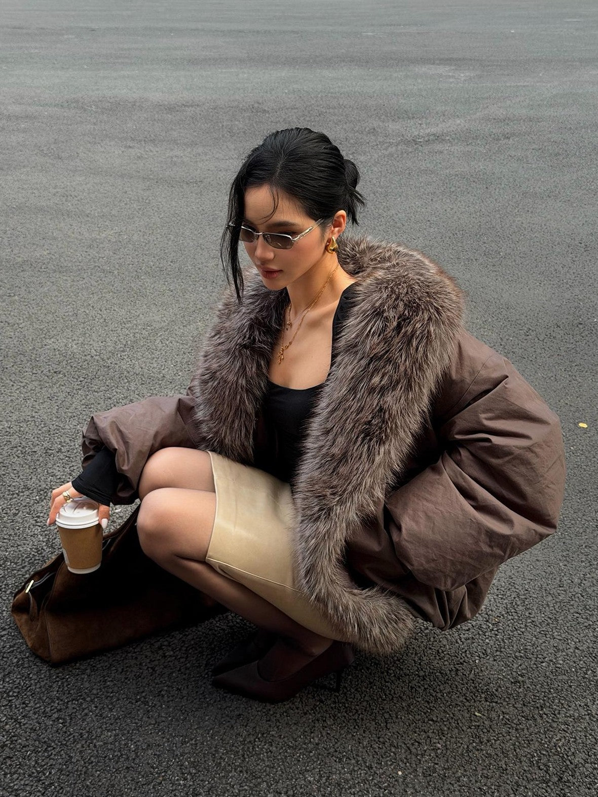 rovente Gray Loose Fur Collar Pocket Women's Nylon Down Jackets