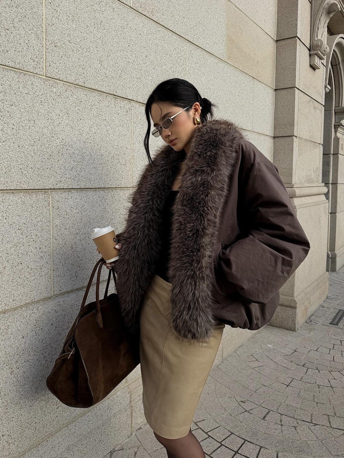 rovente Gray Loose Fur Collar Pocket Women's Nylon Down Jackets