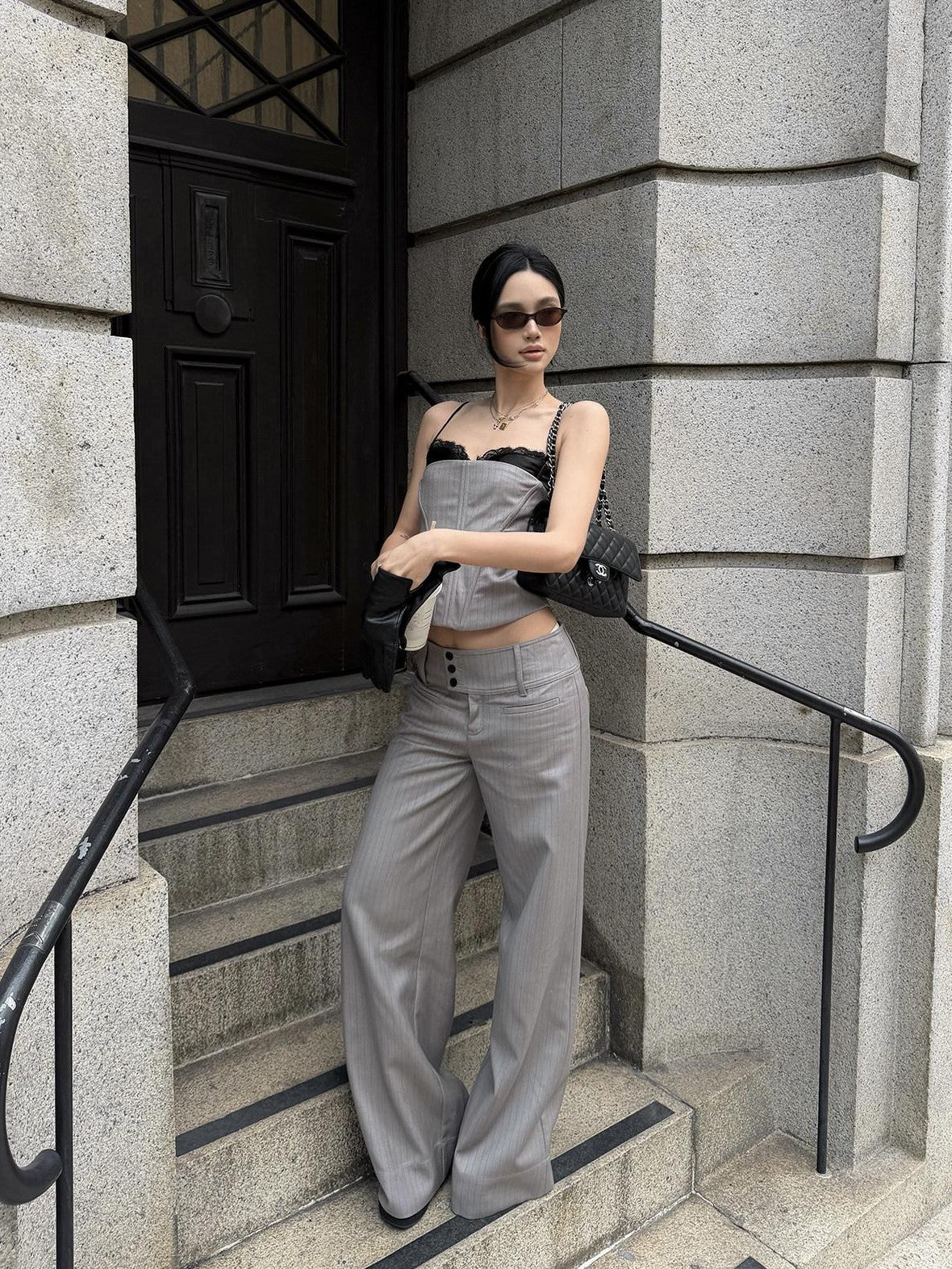 rovente Gray Pinstripe Low Waist Pockets Women's Poly Viscose Wide-leg Pants