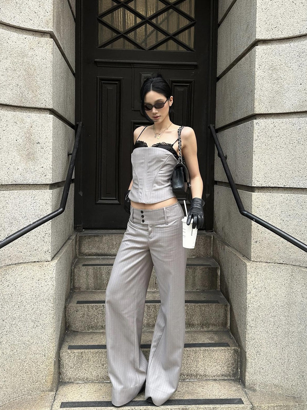 rovente Gray Pinstripe Low Waist Pockets Women's Poly Viscose Wide-leg Pants