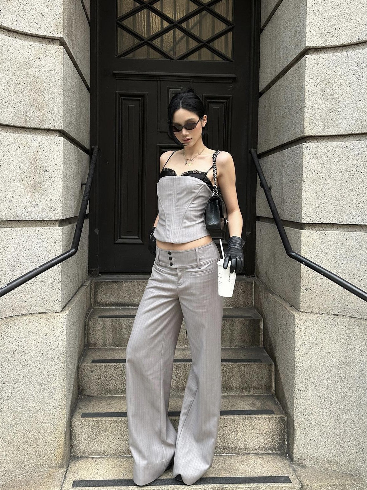rovente Gray Pinstripe Low Waist Pockets Women's Poly Viscose Wide-leg Pants
