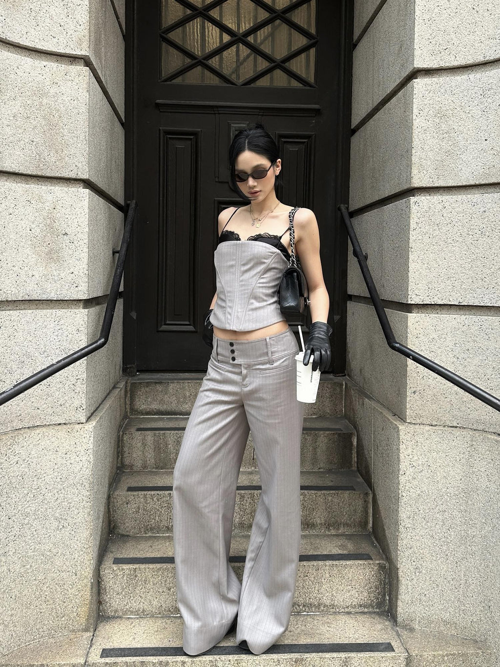 rovente Gray Pinstripe Low Waist Pockets Women's Poly Viscose Wide-leg Pants
