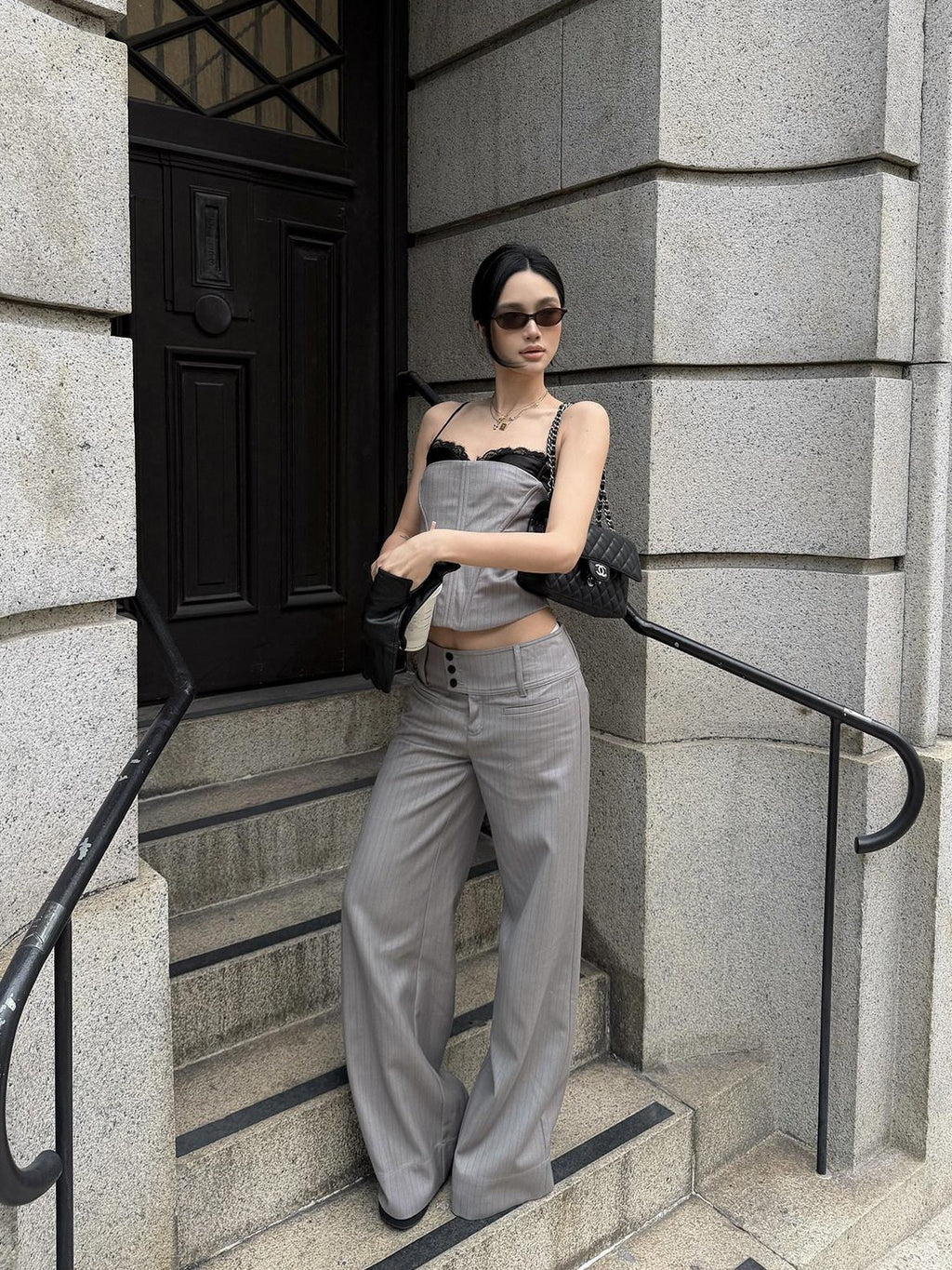 rovente Gray Pinstripe Low Waist Pockets Women's Poly Viscose Wide-leg Pants
