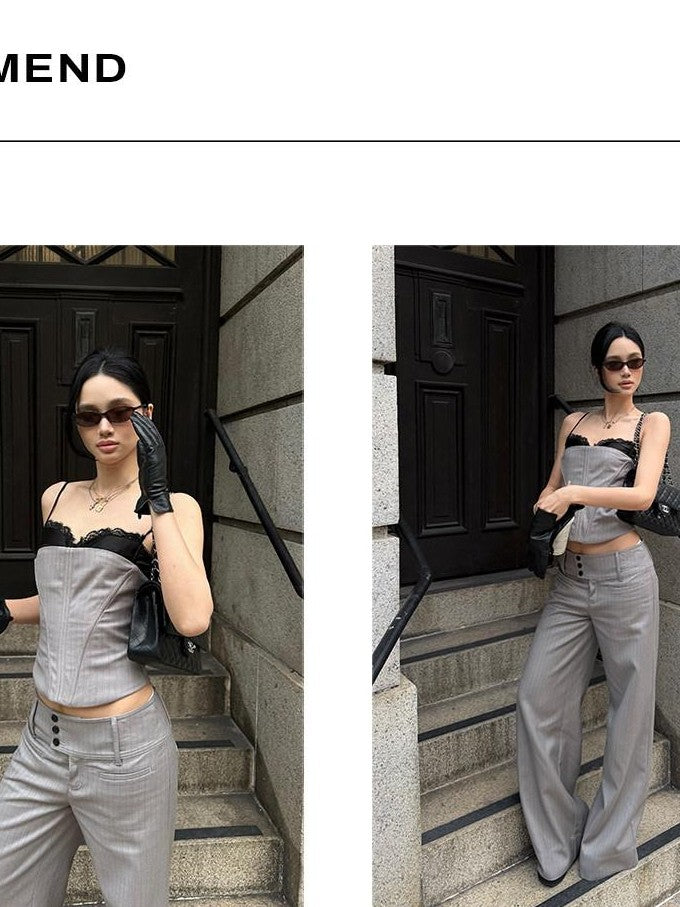 rovente Gray Pinstripe Low Waist Pockets Women's Poly Viscose Wide-leg Pants