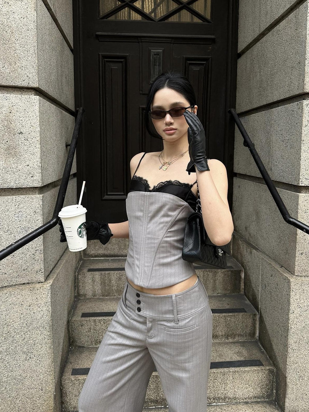 rovente Gray Pinstripe Low Waist Pockets Women's Poly Viscose Wide-leg Pants