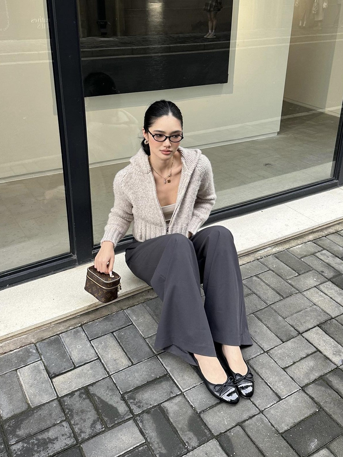 rovente Gray Solid Straight Natural Waist Zipper Women's Polyester Wide-leg Pants