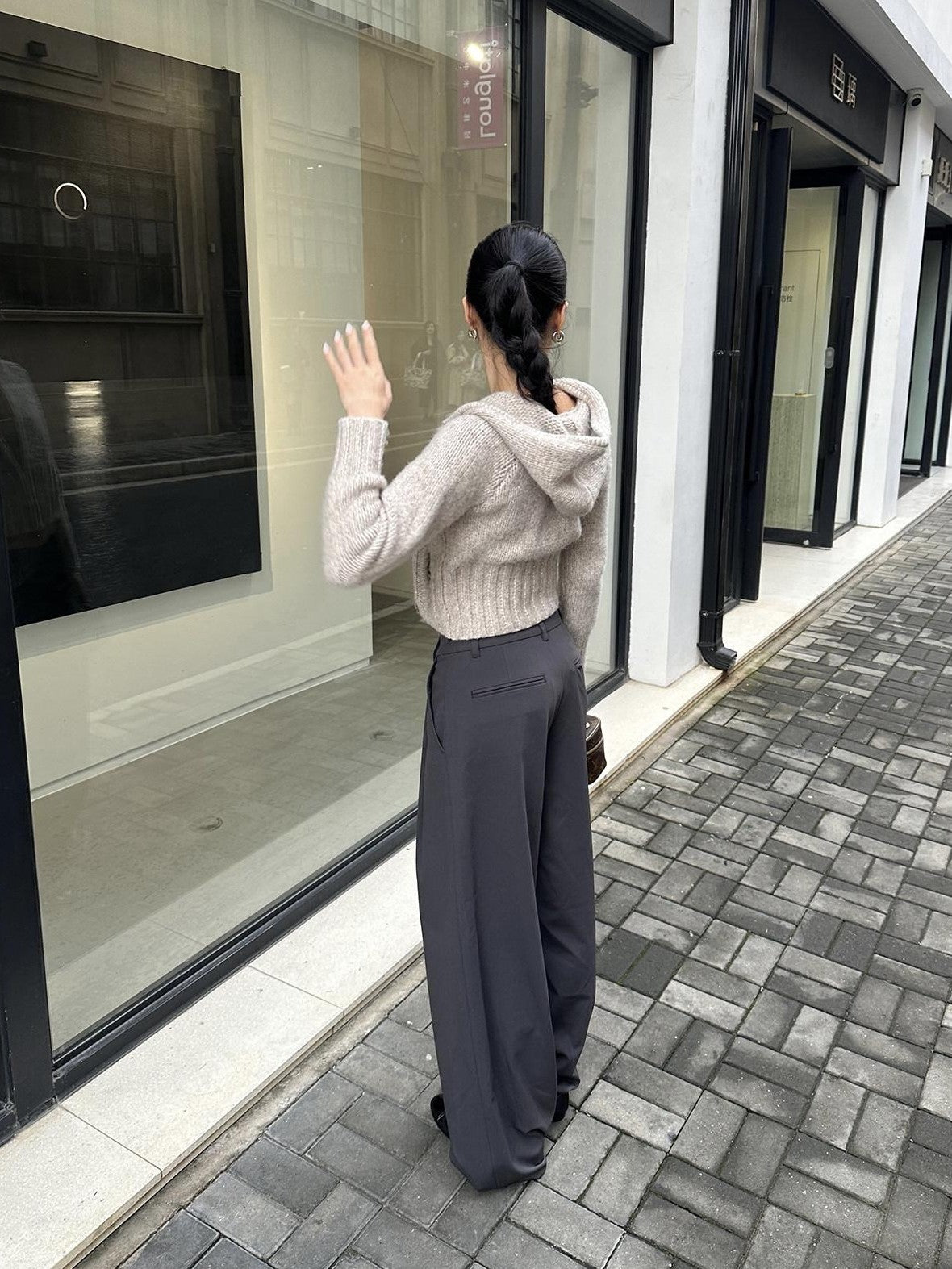 rovente Gray Solid Straight Natural Waist Zipper Women's Polyester Wide-leg Pants