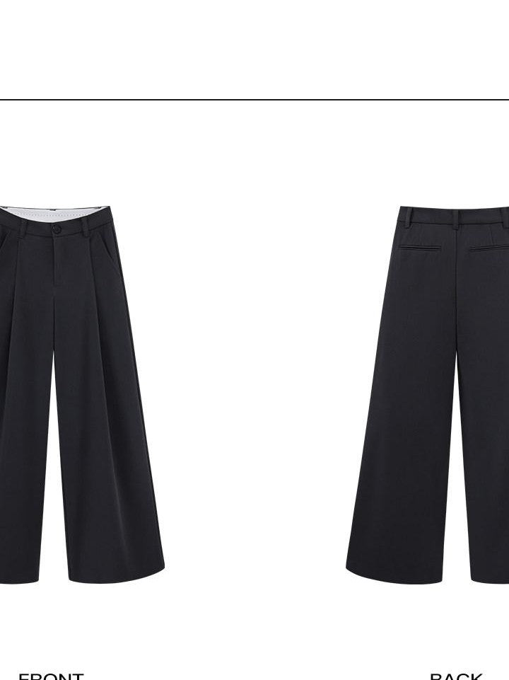 rovente Gray Solid Straight Natural Waist Zipper Women's Polyester Wide-leg Pants