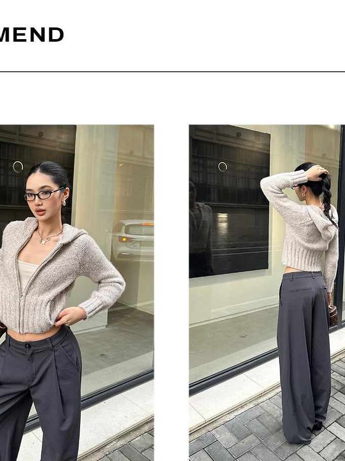 rovente Gray Solid Straight Natural Waist Zipper Women's Polyester Wide-leg Pants