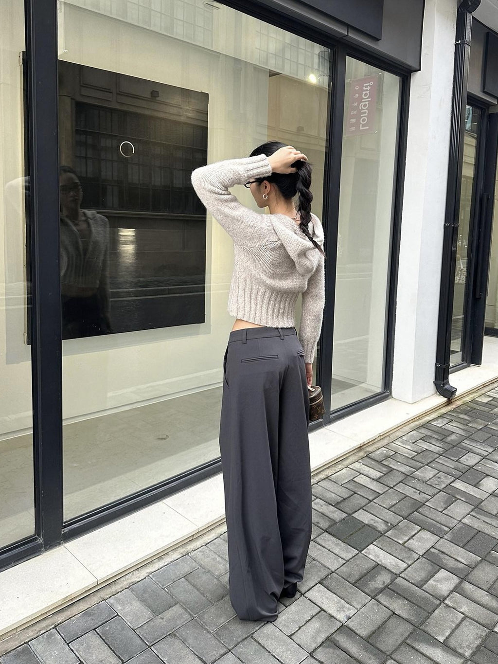 rovente Gray Solid Straight Natural Waist Zipper Women's Polyester Wide-leg Pants