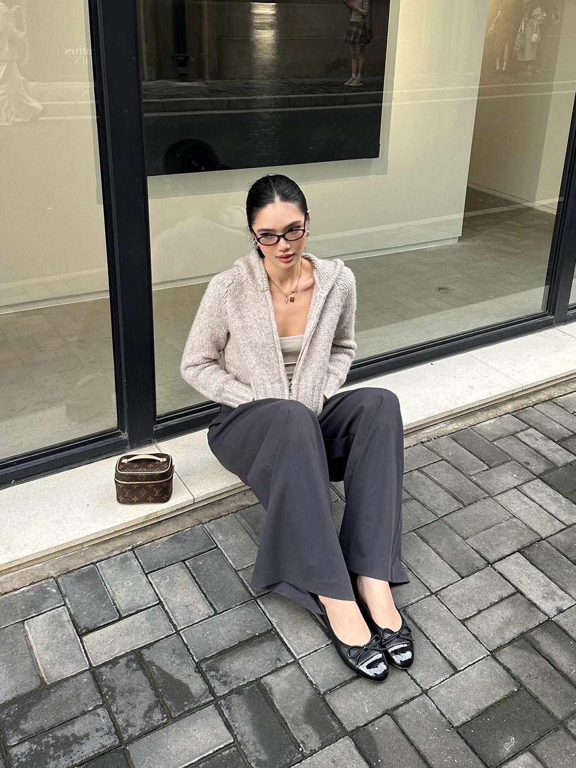 rovente Gray Solid Straight Natural Waist Zipper Women's Polyester Wide-leg Pants