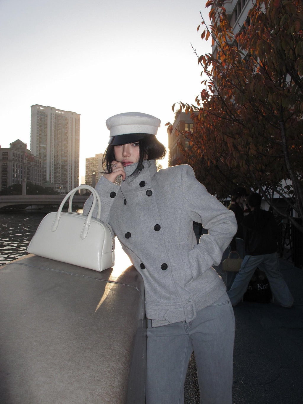 rovente Gray Stand Collar Double Breasted Women's Wool Blend Casual Jackets