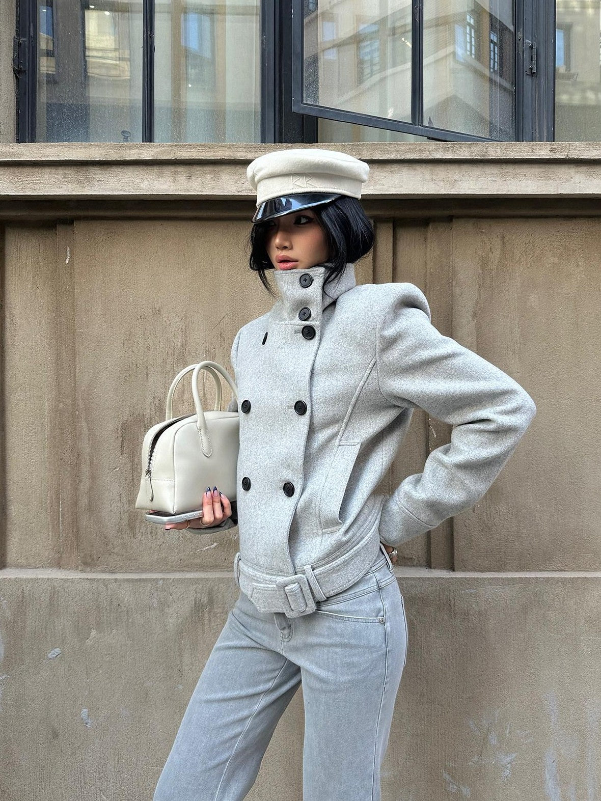 rovente Gray Stand Collar Double Breasted Women's Wool Blend Casual Jackets