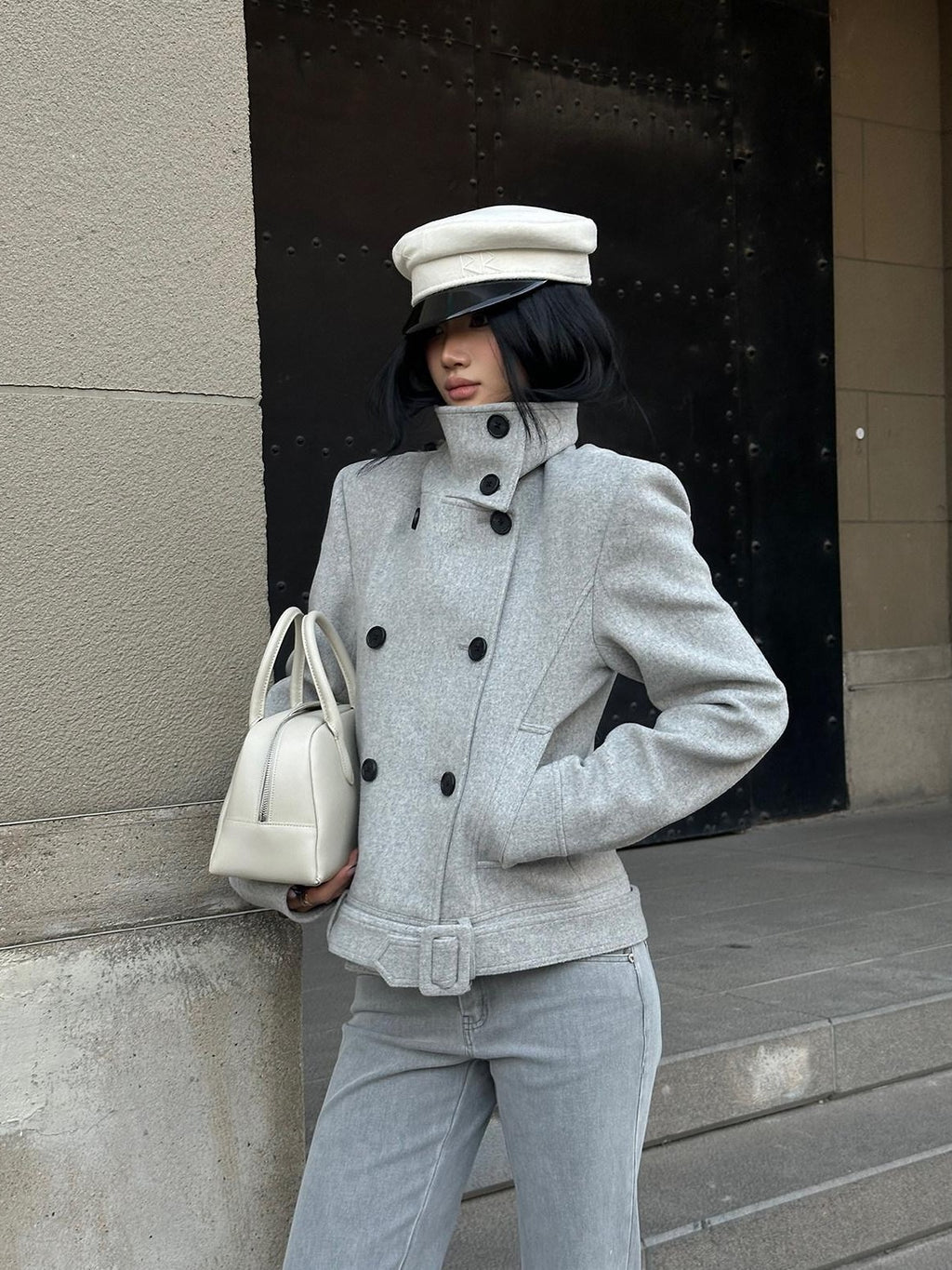 rovente Gray Stand Collar Double Breasted Women's Wool Blend Casual Jackets