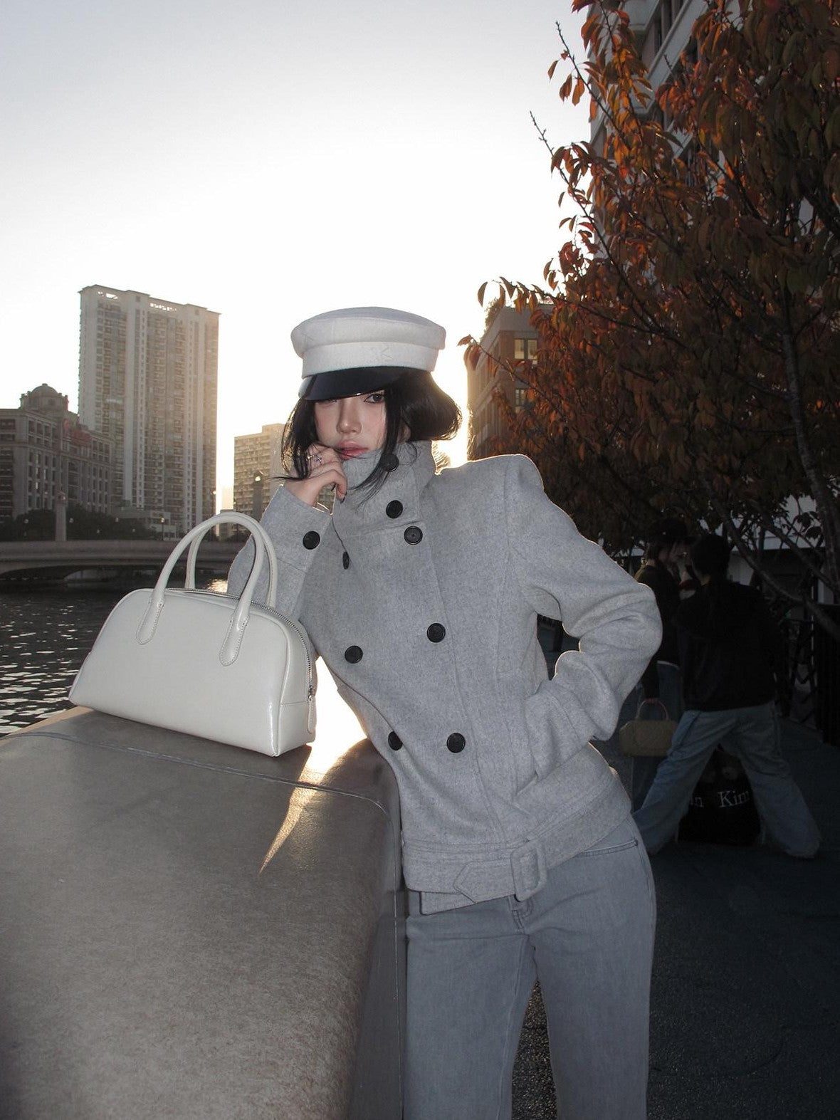 rovente Gray Stand Collar Double Breasted Women's Wool Blend Casual Jackets