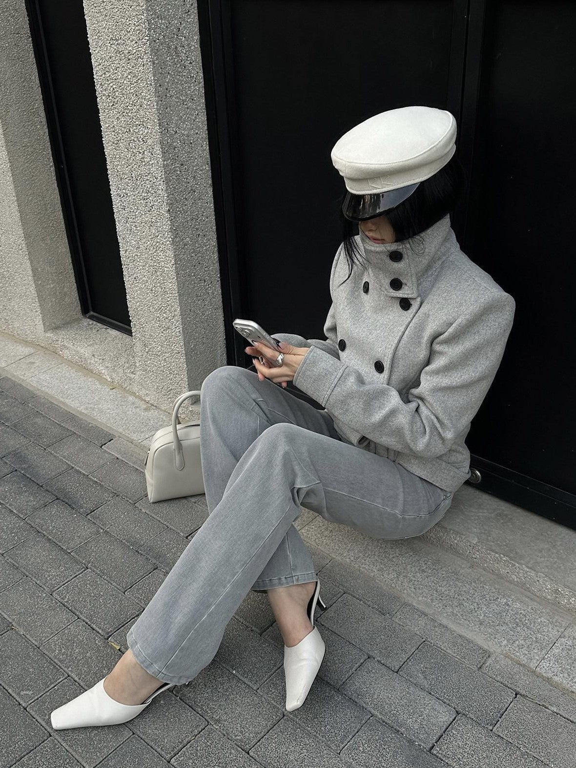 rovente Gray Stand Collar Double Breasted Women's Wool Blend Casual Jackets