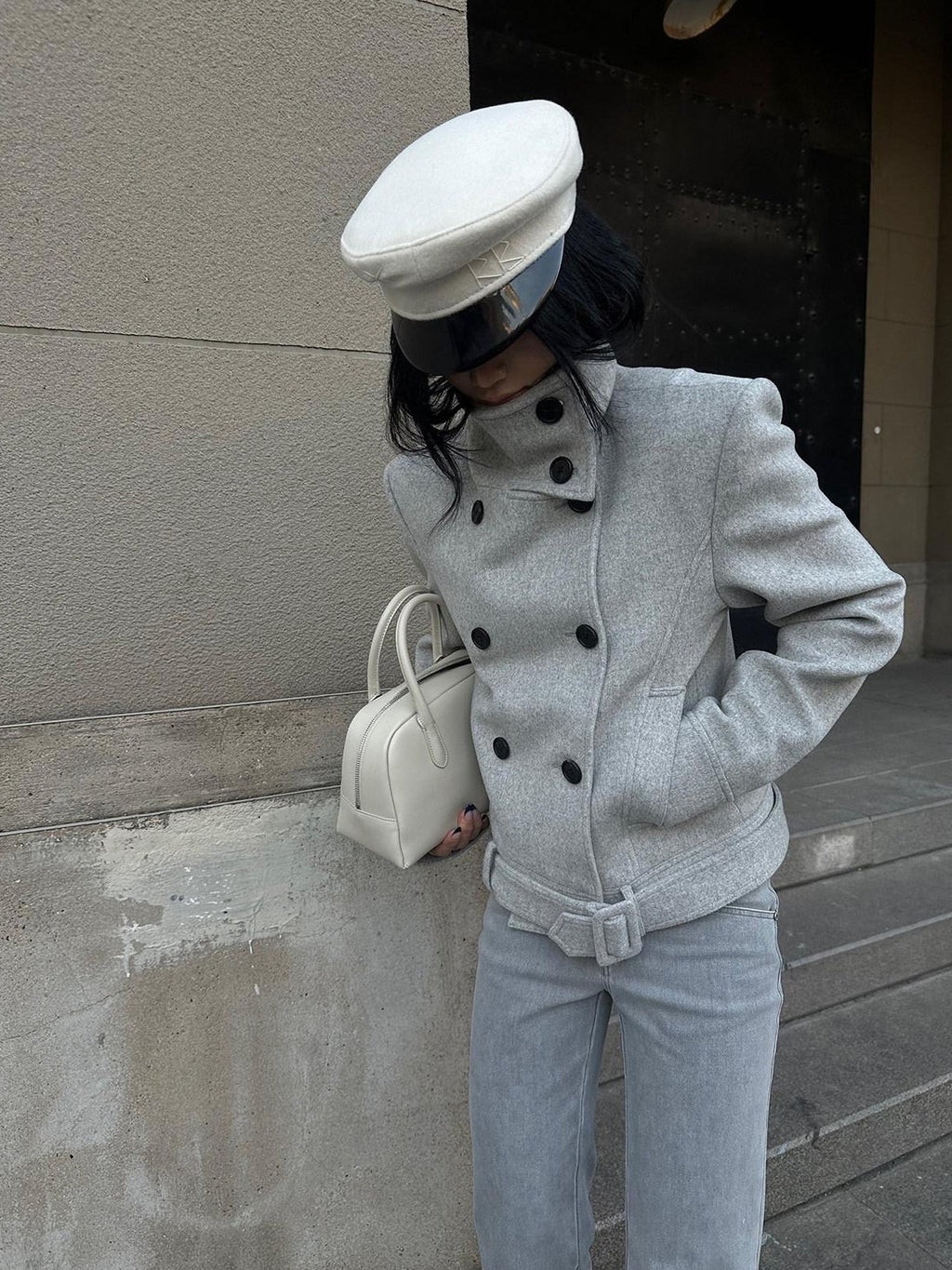 rovente Gray Stand Collar Double Breasted Women's Wool Blend Casual Jackets