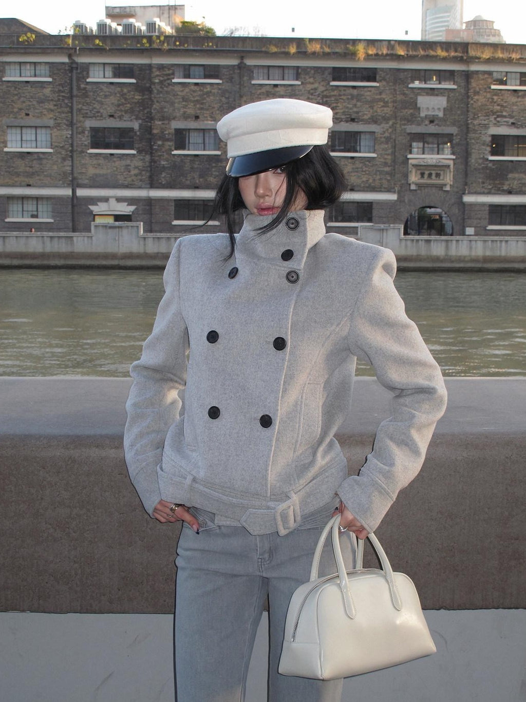 rovente Gray Stand Collar Double Breasted Women's Wool Blend Casual Jackets