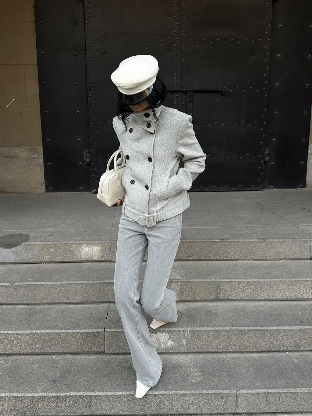 rovente Gray Stand Collar Double Breasted Women's Wool Blend Casual Jackets
