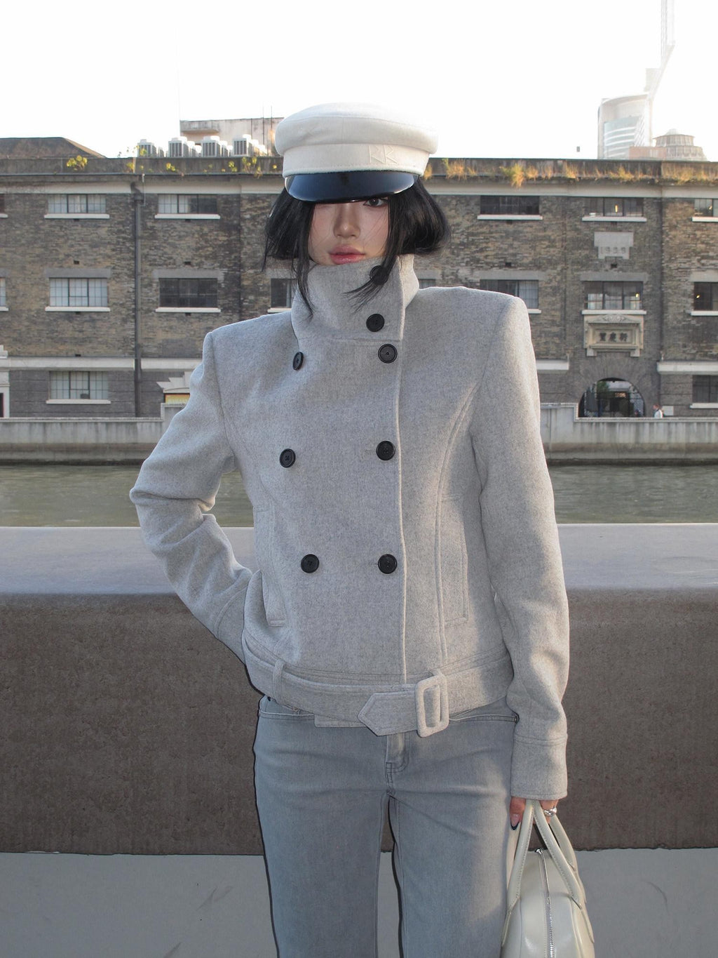 rovente Gray Stand Collar Double Breasted Women's Wool Blend Casual Jackets