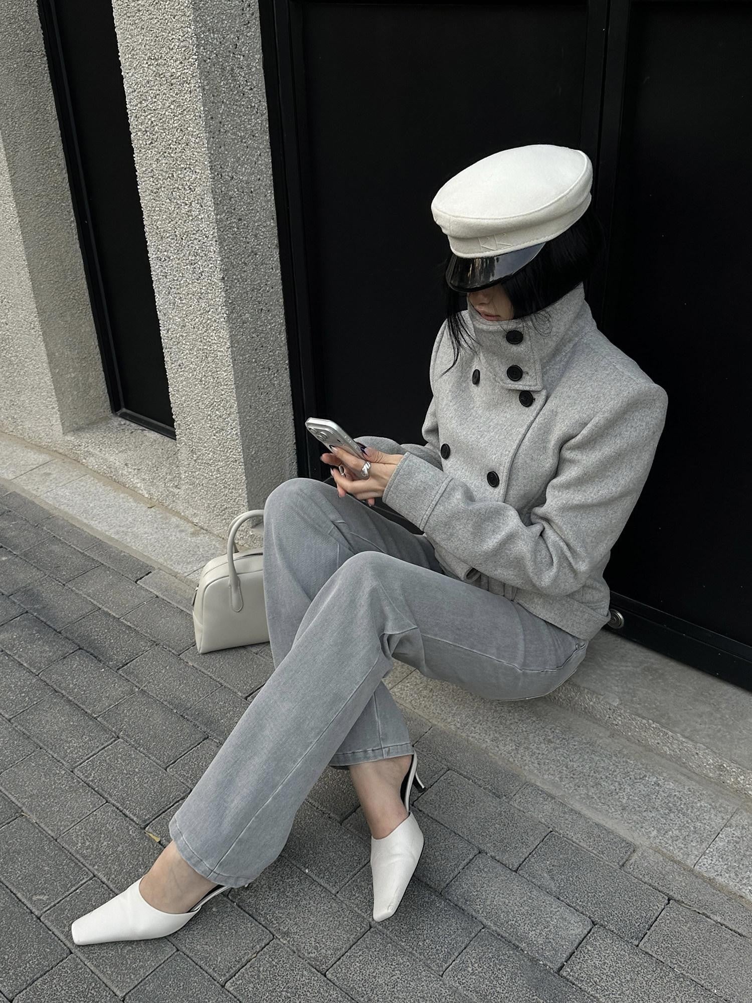 rovente Gray Stand Collar Double Breasted Women's Wool Blend Casual Jackets