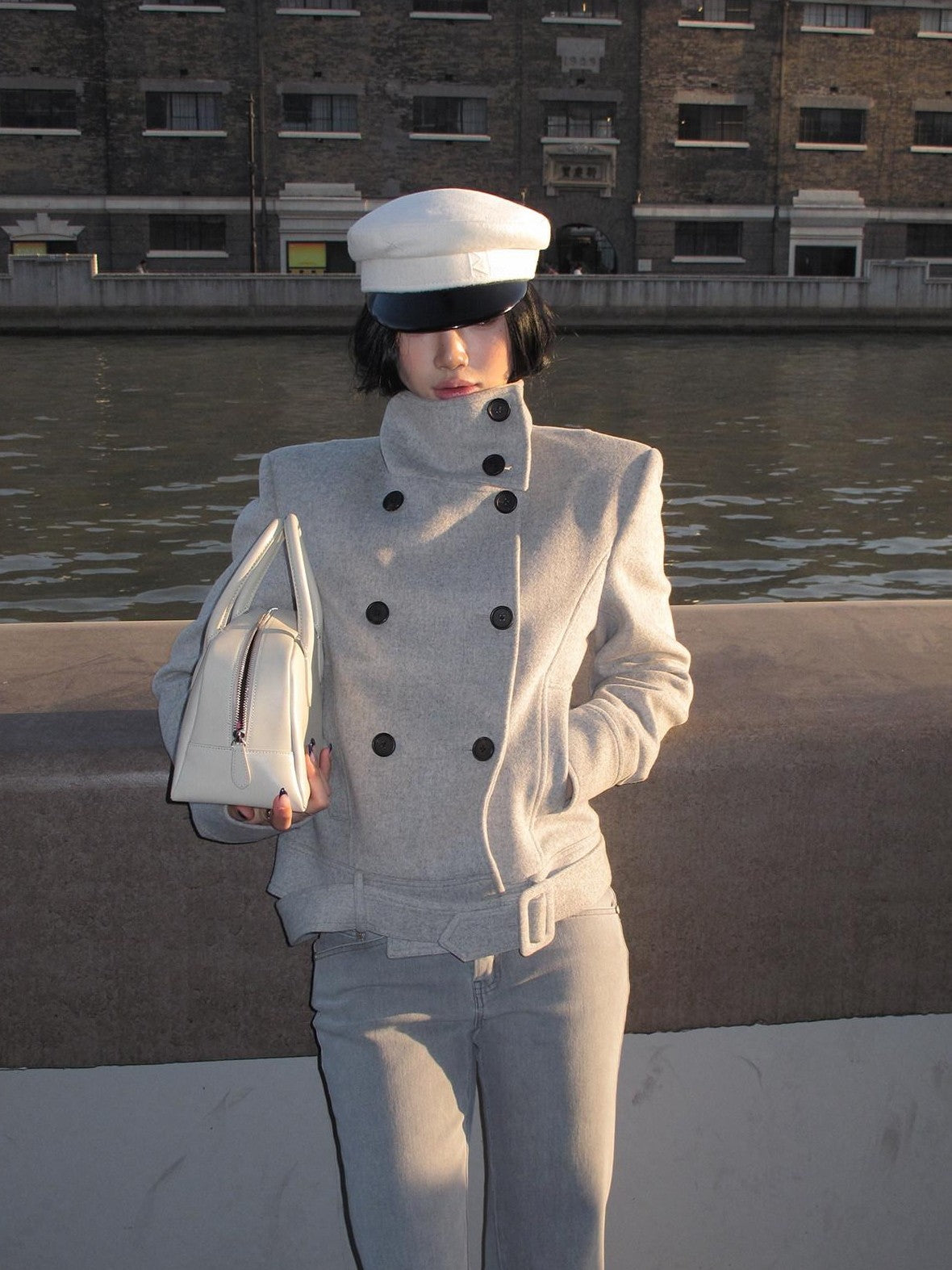 rovente Gray Stand Collar Double Breasted Women's Wool Blend Casual Jackets