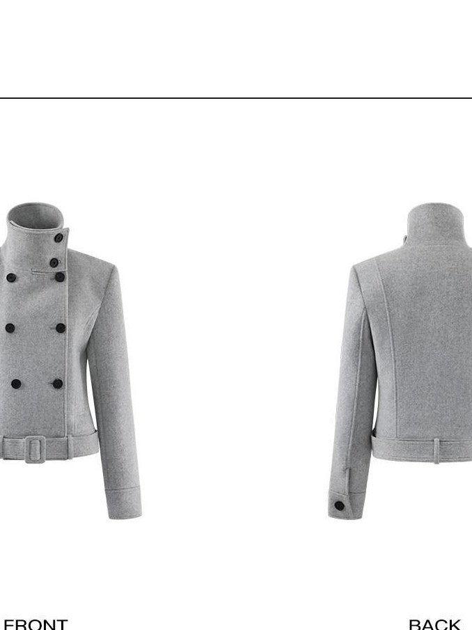 rovente Gray Stand Collar Double Breasted Women's Wool Blend Casual Jackets