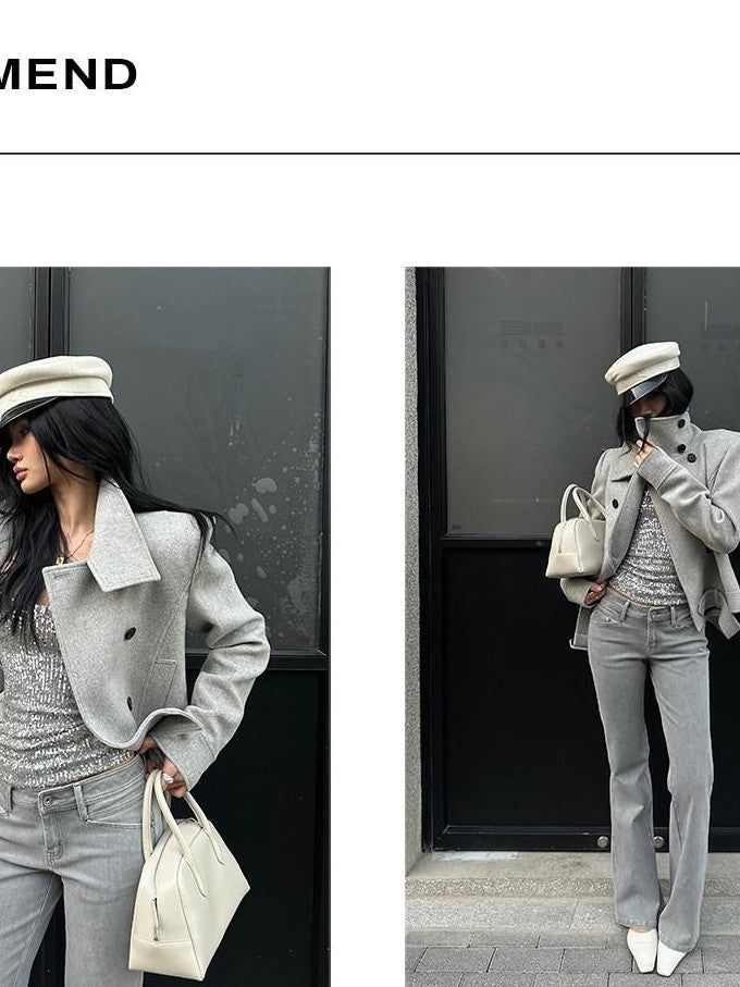 rovente Gray Stand Collar Double Breasted Women's Wool Blend Casual Jackets