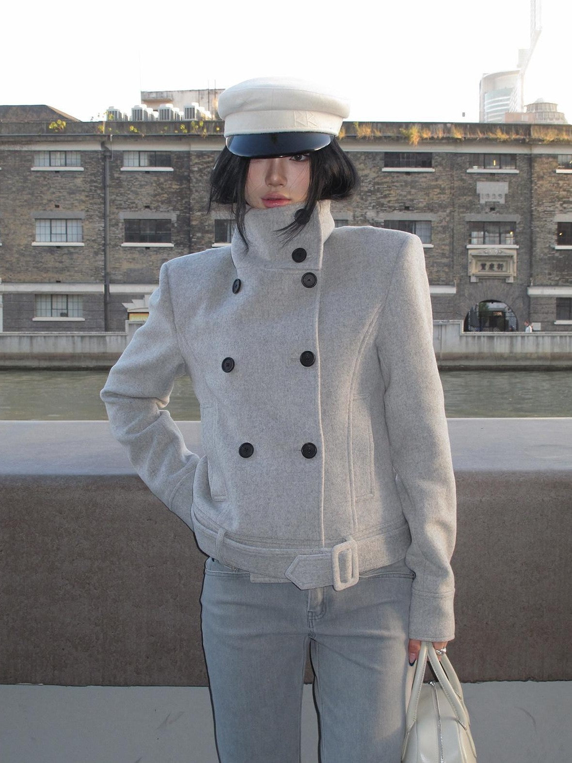 rovente Gray Stand Collar Double Breasted Women's Wool Blend Casual Jackets