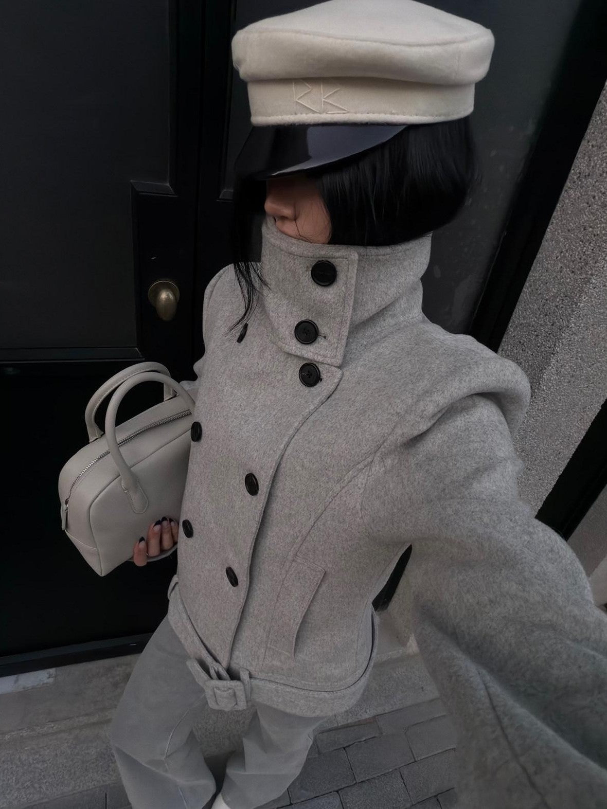 rovente Gray Stand Collar Double Breasted Women's Wool Blend Casual Jackets