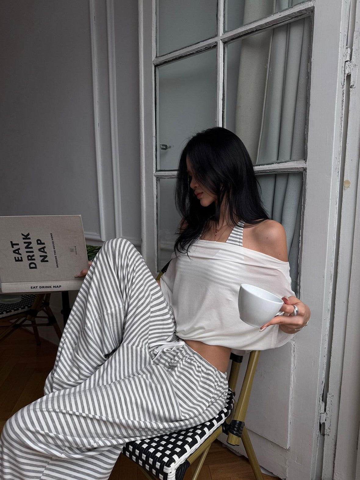rovente Gray White Striped Low Rise Straight Relaxed Women's Wide-leg Pants