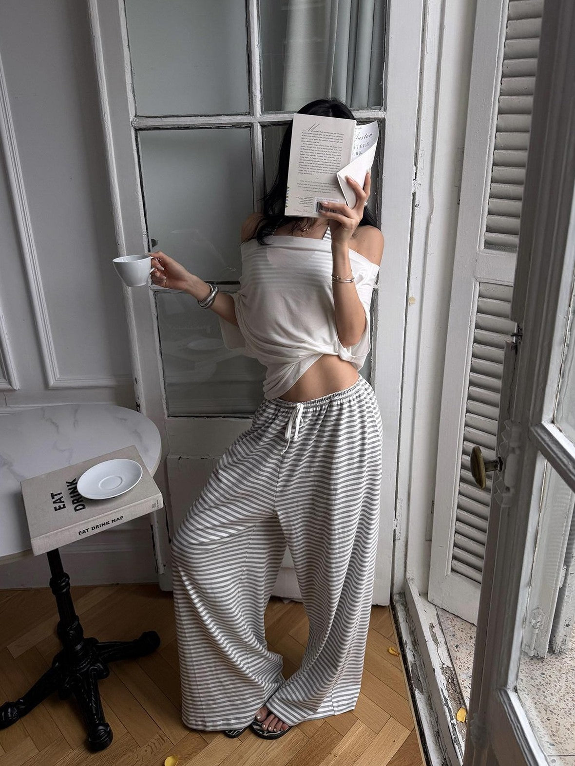 rovente Gray White Striped Low Rise Straight Relaxed Women's Wide-leg Pants