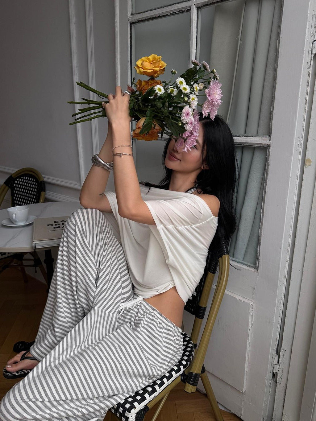 rovente Gray White Striped Low Rise Straight Relaxed Women's Wide-leg Pants
