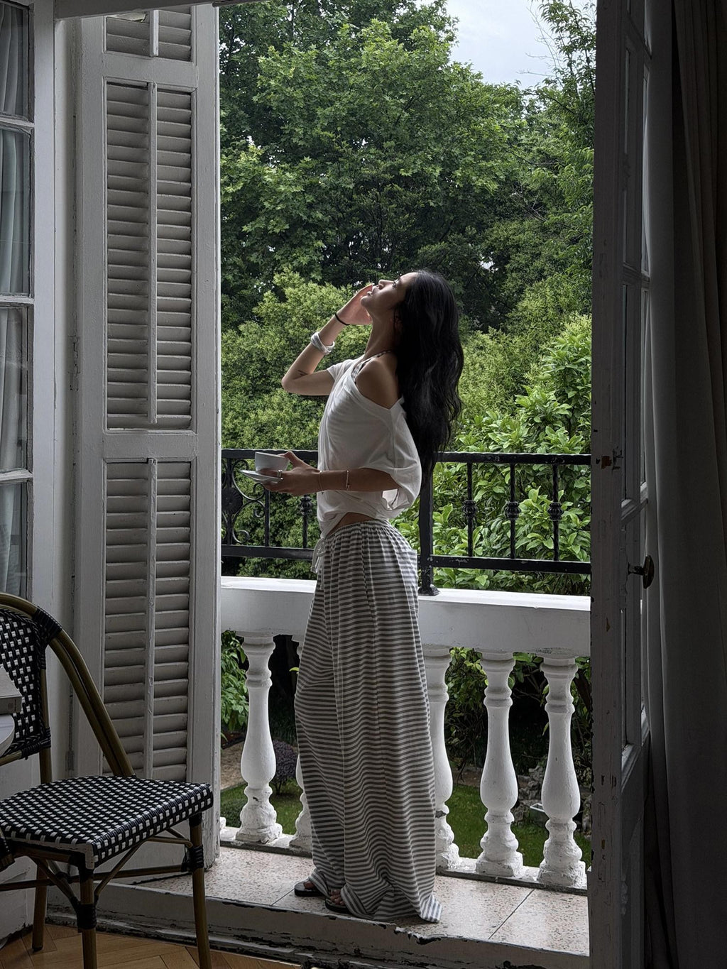 rovente Gray White Striped Low Rise Straight Relaxed Women's Wide-leg Pants