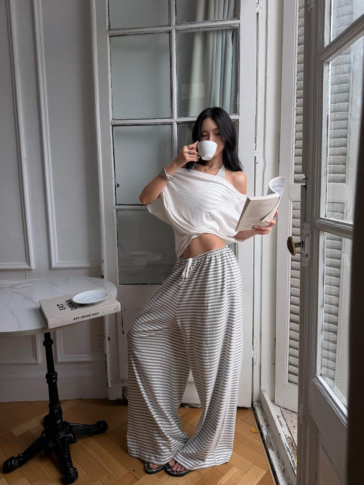 rovente Gray White Striped Low Rise Straight Relaxed Women's Wide-leg Pants
