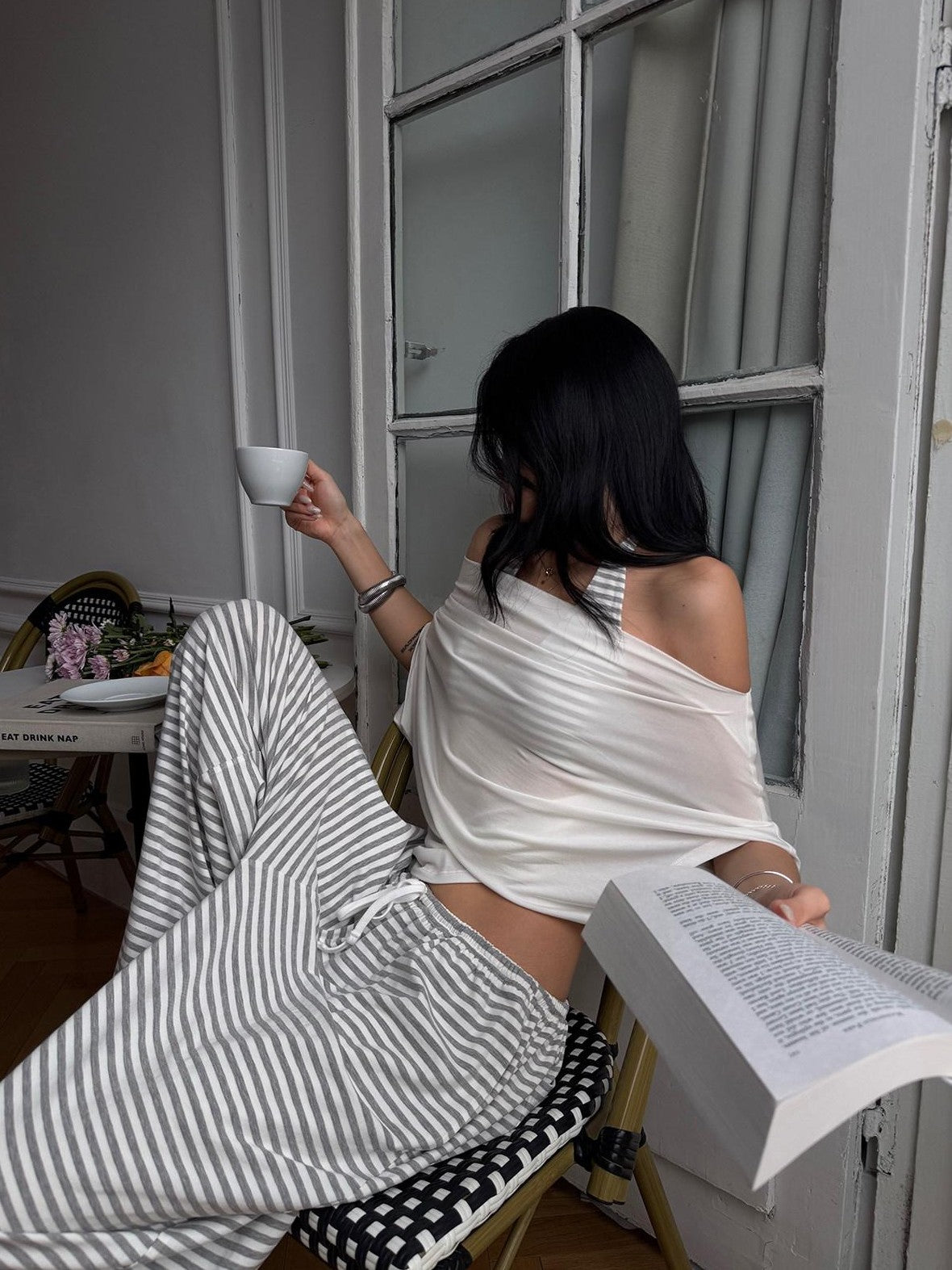 rovente Gray White Striped Low Rise Straight Relaxed Women's Wide-leg Pants