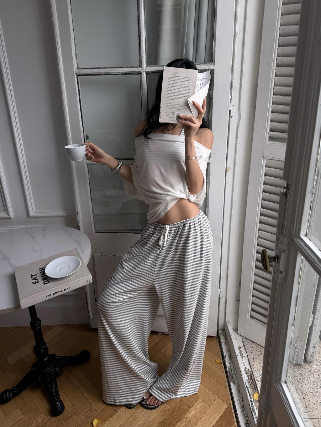 rovente Gray White Striped Low Rise Straight Relaxed Women's Wide-leg Pants