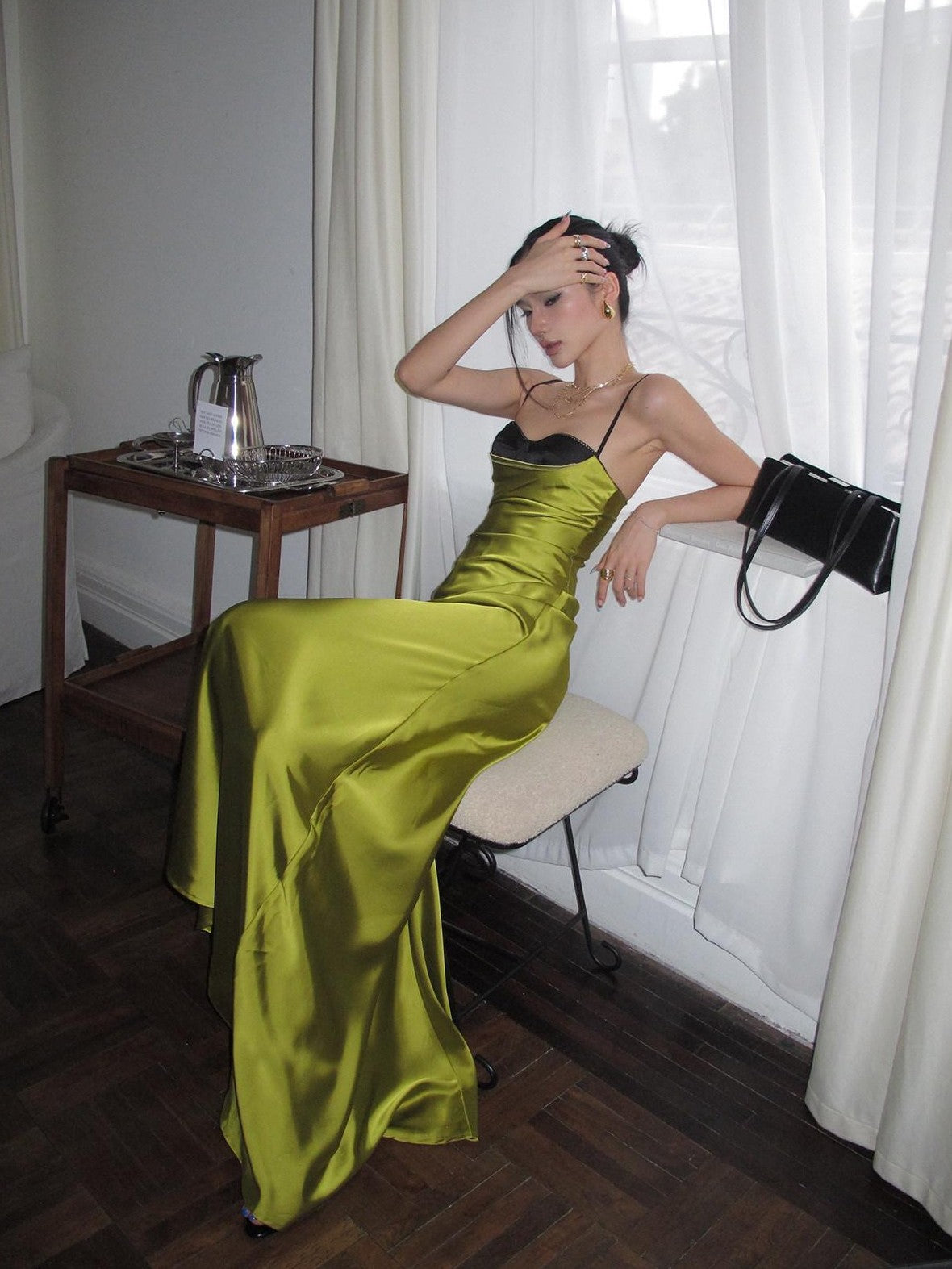 rovente Green Fishtail Spaghetti Strap Bodycon Women's Satin Slip Maxi Dresses