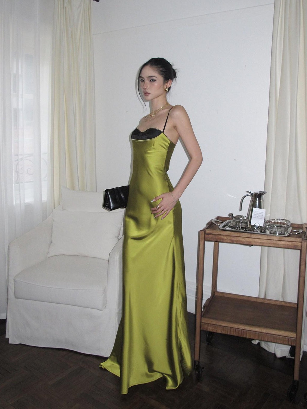 rovente Green Fishtail Spaghetti Strap Bodycon Women's Satin Slip Maxi Dresses