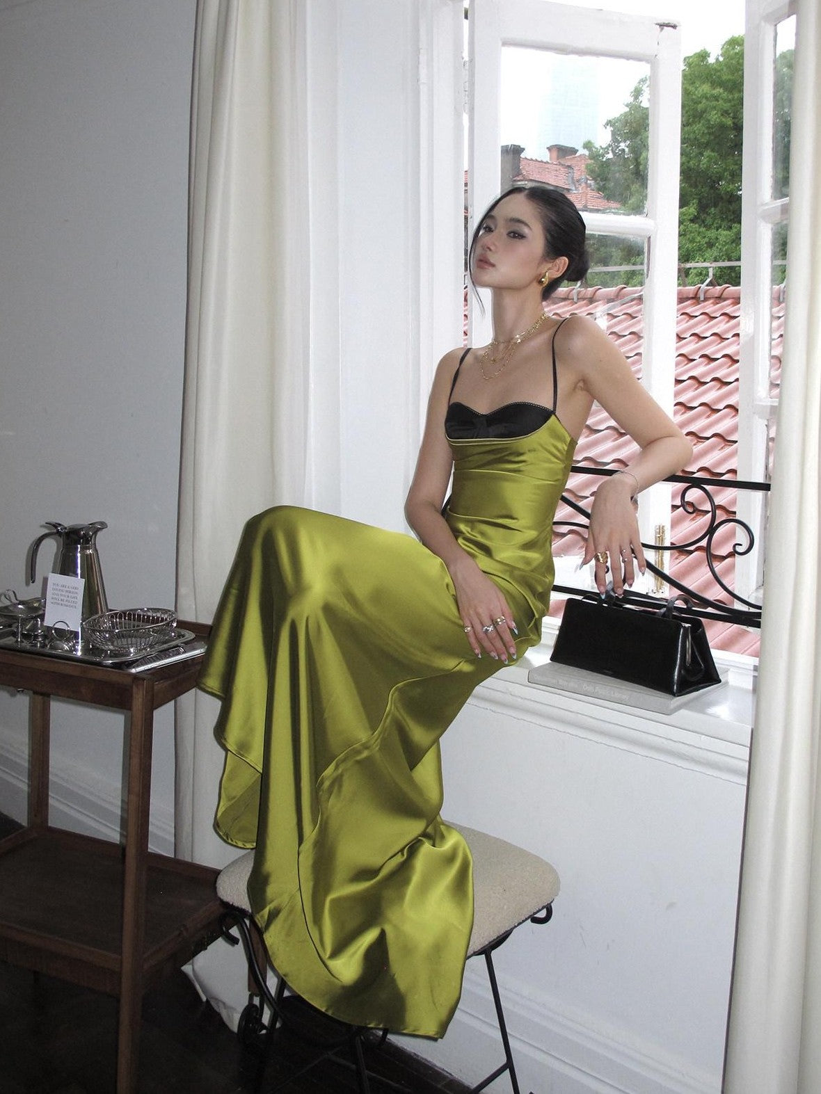 rovente Green Fishtail Spaghetti Strap Bodycon Women's Satin Slip Maxi Dresses